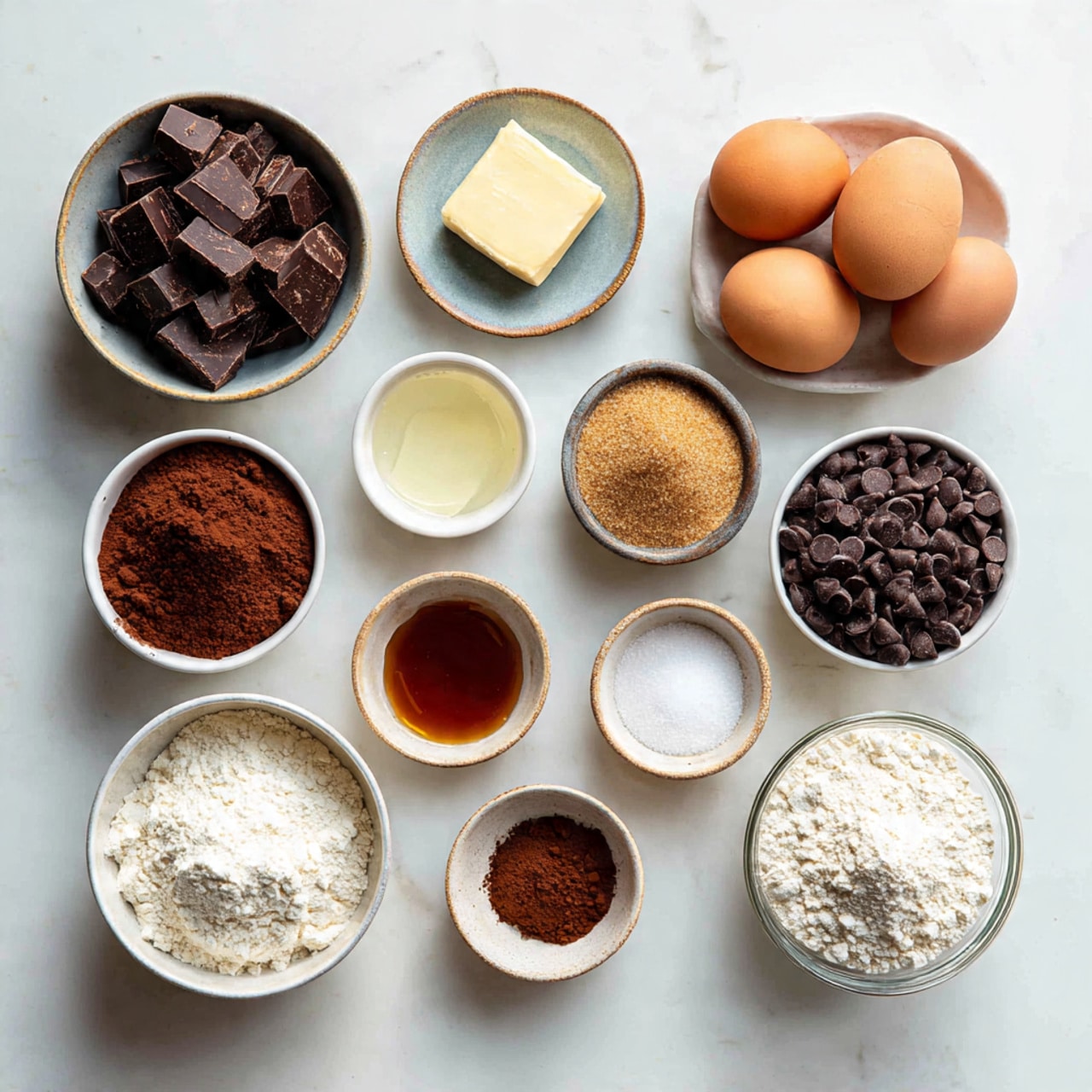 A group of round chocolate cookies with cracks on their surface sit on a black wire cooling rack, each cookie decorated with a few dark chocolate chips and white sea salt flakes scattered on top. The cookies are spread out closely, showing their rough texture and uneven shapes. The rack rests on a white marbled surface with some loose chocolate chips scattered nearby. The overall color palette includes rich brown cookies contrasted by the white salt flakes and the black wire rack. Photo taken with an iphone --ar 4:5 --v 7