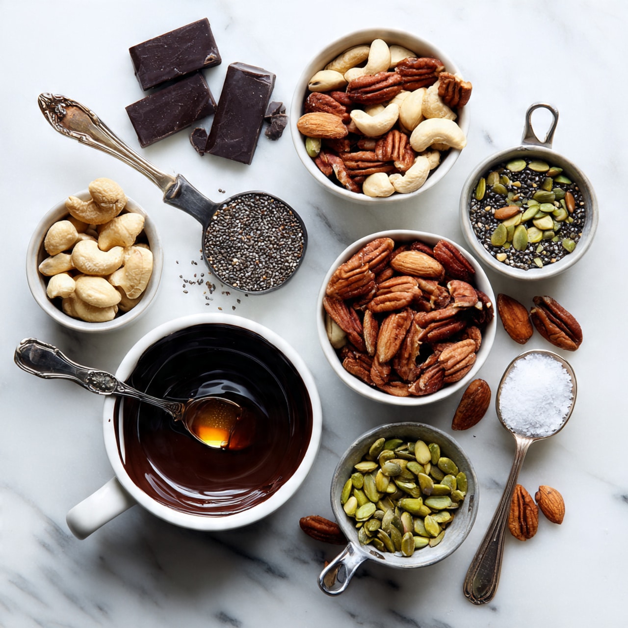 A white silicone mold tray with twelve square sections is filled with a mix of shiny almonds, large walnut pieces, and green pumpkin seeds that have a slight glossy coating. Tiny black chia seeds are sprinkled over the nuts, adding a speckled texture. The nuts arrange naturally in each square, some pieces overlapping and others filling gaps. The tray rests on a white marbled surface, adding a clean and light background. photo taken with an iphone --ar 4:5 --v 7