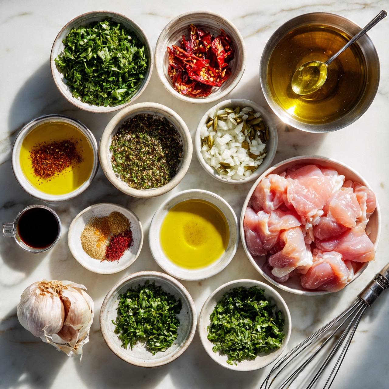 A white plate holds four pieces of grilled chicken, each showing dark grill marks and a light brown color, topped with a green herb and small white onion mixture. On the right side of the plate, there is a colorful mix of cooked vegetables, including bright red bell peppers, pale yellow squash slices with char marks, and soft-looking light red onion slices. A golden fork rests on the plate next to the vegetables. The plate is set on a white marbled surface. photo taken with an iphone --ar 4:5 --v 7
