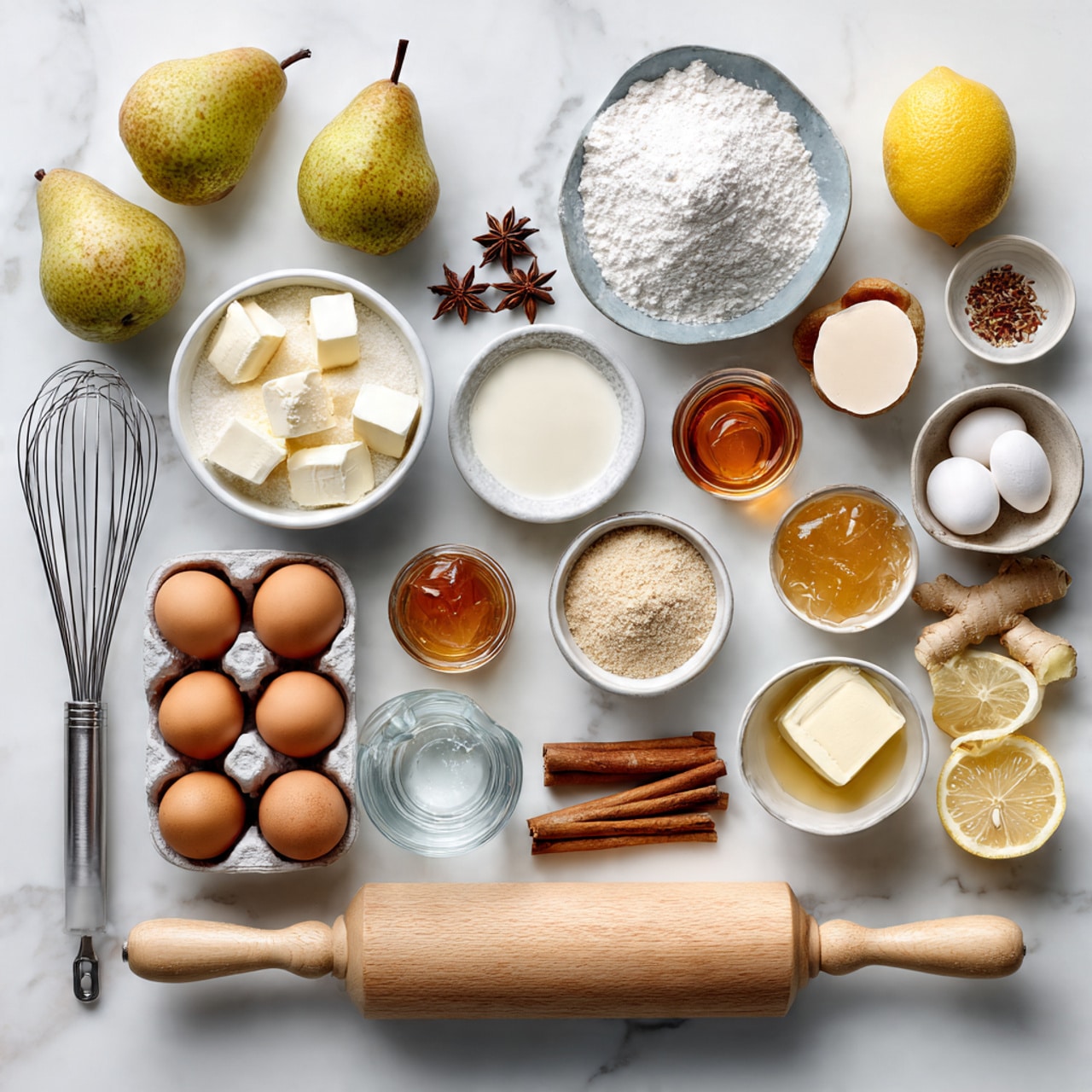 A round tart with a golden crust sits on a textured round plate with ridges, on a beige cloth over a white marbled surface. The tart is sliced into six pieces, showing a soft yellow creamy layer beneath thin, curved slices of cooked pear arranged in a fan shape on top. Toasted almond slices are scattered around the edges, adding a light brown, crunchy detail. In the background, a clear glass bowl holds three whole pears, and a tall jar filled with almond slices is partially visible. Photo taken with an iphone --ar 4:5 --v 7