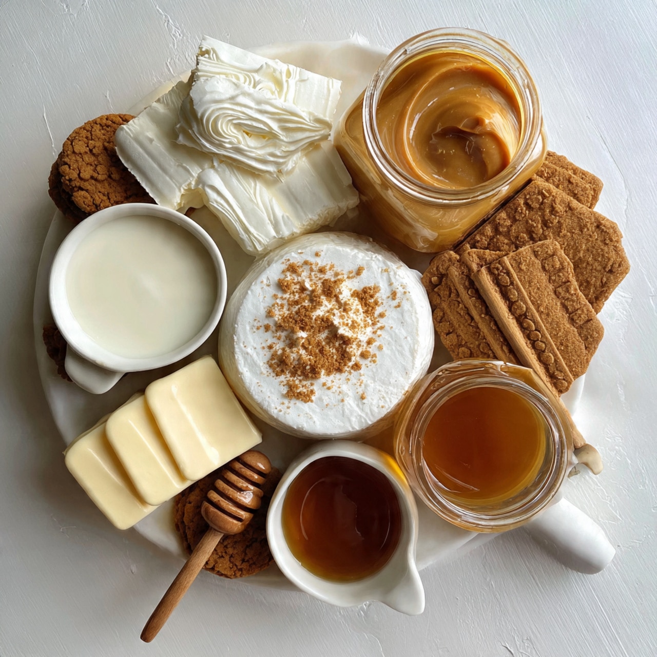 A slice of cheesecake sits on a white scalloped plate with a golden fork beside it. The cheesecake has three layers: a thick, crumbly brown crust at the bottom, a creamy off-white middle layer, and a shiny caramel-colored glaze on top that gently flows down one side. In the background, the remaining cheesecake is visible on a white scalloped dish, showing the same caramel glaze dripping slightly over the edge. The table surface is a white marbled texture covered with a beige checkered cloth. Photo taken with an iphone --ar 4:5 --v 7