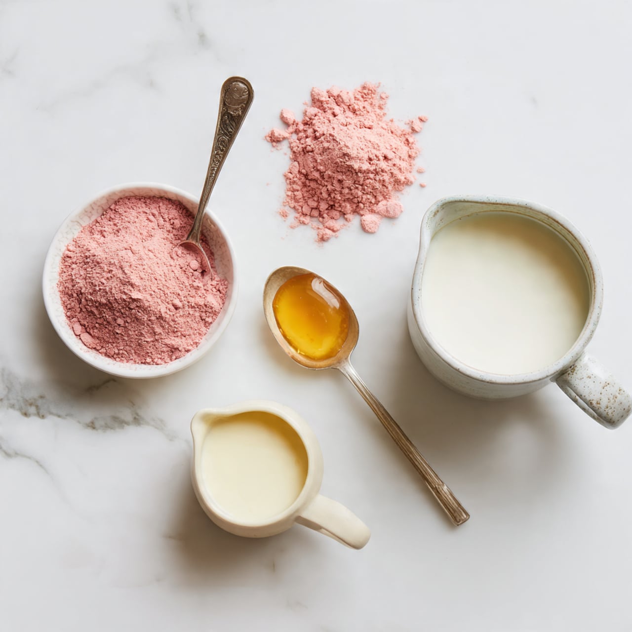The image shows two clear glass mugs filled with a pink drink that has a thick white foam layer on top. Each mug is decorated with a bright pink flower sitting on the foam. The mugs are placed on round white marble coasters on a white marbled surface. Around the mugs are light pink flowers and some dried pink petals. In the background, there are two small white bowls, one filled with honey and the other with a white liquid, also adorned with pink flowers. The overall scene is soft and floral, giving a fresh and delicate feel. photo taken with an iphone --ar 4:5 --v 7