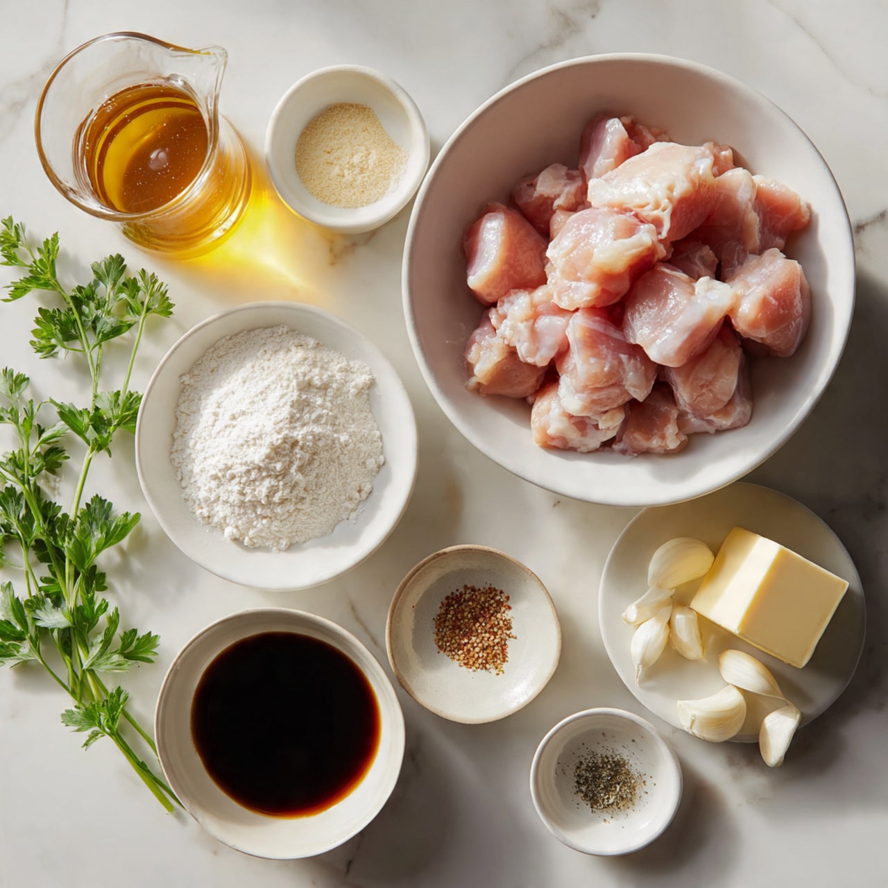 A white bowl holds a base layer of soft, white rice with a slightly sticky texture. On top of the rice, there are several pieces of dark brown glazed chicken that look shiny and juicy, with charred edges and small bits of cooked garlic mixed in. The chicken is sprinkled with small green herb pieces, adding a touch of color. The bowl is placed on a surface with a white marbled texture, and a green plant is slightly visible in the background. photo taken with an iphone --ar 4:5 --v 7
