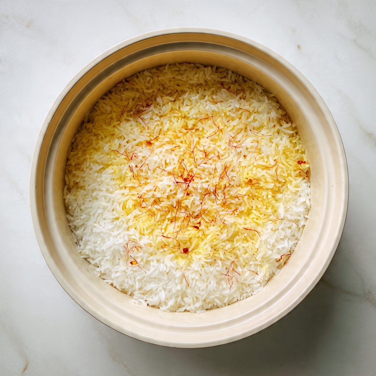 A close-up view of a large white pot filled with cooked rice that has three visible layers. The bottom layer is mostly white rice, while the top layer mixes white and a soft yellow rice, creating a marbled effect. Scattered thin red threads are spread evenly on top, adding a touch of color and texture. The pot is on a white marbled surface, and the image is bright, showing the fluffiness of the rice grains. photo taken with an iphone --ar 4:5 --v 7