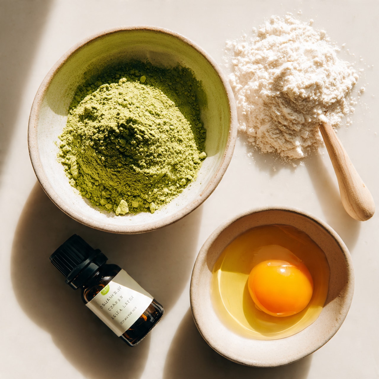 The first image shows a woman's hand holding a small metal sieve and pouring bright green chopped herbs onto a crumbly, pale yellow dough inside a large clear glass bowl. The bowl sits on a white marbled surface with a beige checkered cloth underneath, and there is a lit candle and a wooden object in the background. The second image shows two clear glass bowls placed on the same checkered cloth; the larger bowl contains vibrant green herb mixture, and the smaller bowl holds the crumbly pale yellow dough. The background includes a white marbled surface, a cutting board, plants, and the same lit candle. photo taken with an iphone --ar 4:5 --v 7