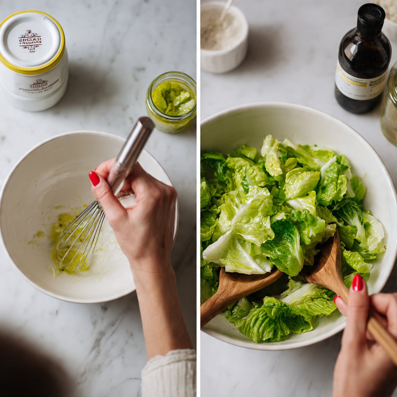 A large white bowl filled with fresh green salad leaves layered thickly, showing a mix of light and dark green shades with soft, ruffled textures. The leaves cover the entire top layer of the bowl, giving a full and healthy appearance. The bowl sits on a wooden table next to a stack of dark plates with silver forks resting on a blue and white checkered napkin. Also nearby are two wooden salad serving spoons with white handles. The background has a white marbled texture. photo taken with an iphone --ar 4:5 --v 7