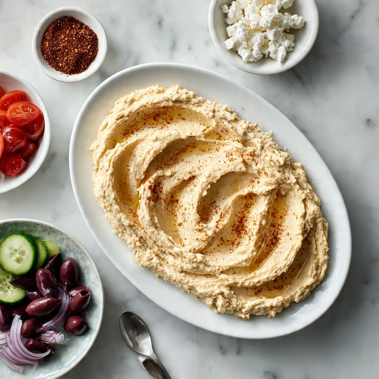 The image shows a white oval plate with a thick layer of smooth, pale beige hummus spread across it in three wide, overlapping swirls. The hummus has a creamy, slightly textured surface with soft peaks and gentle ridges. Around the plate, there are small dishes with a dark red spice, white crumbled cheese, and a colorful salad of purple olives, red cherry tomatoes, green cucumber, and thinly sliced red onion, all placed on a white marbled surface. A metal spoon lies nearby, partly visible. photo taken with an iphone --ar 4:5 --v 7