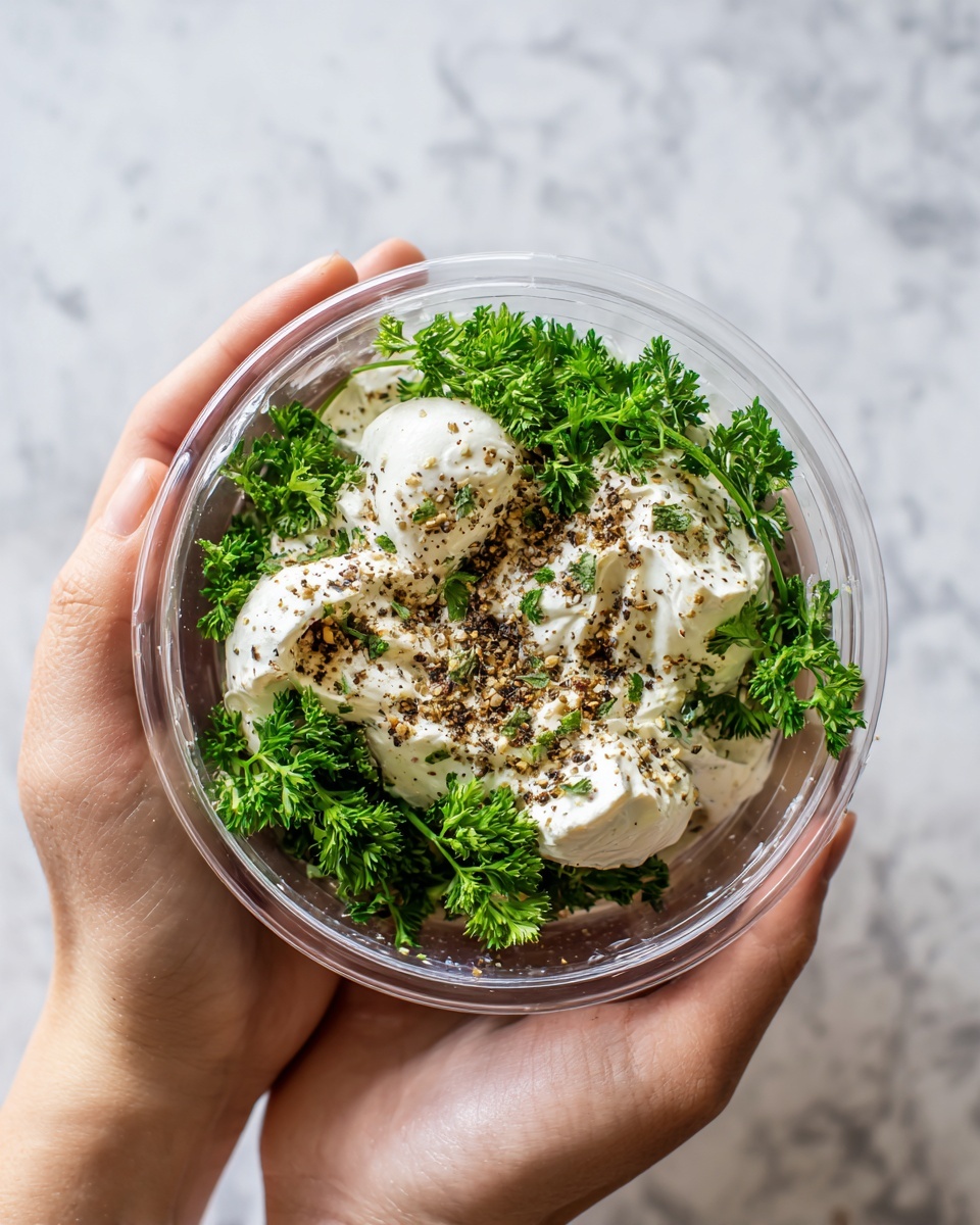 Hot Honey Roasted Carrots with Yogurt Parsley Sauce Recipe 5 Inside a clear plastic bowl held by a woman's hands, there are several fresh green parsley sprigs at the bottom layer. On top of the parsley, there are creamy white dollops of mayonnaise spread unevenly. The mayonnaise is sprinkled with coarse ground black pepper and some light brown seasoning, likely garlic or paprika powder, adding texture and color contrast to the white creamy layer. The bowl is set against a white marbled textured surface. Photo taken with an iphone --ar 4:5 --v 7