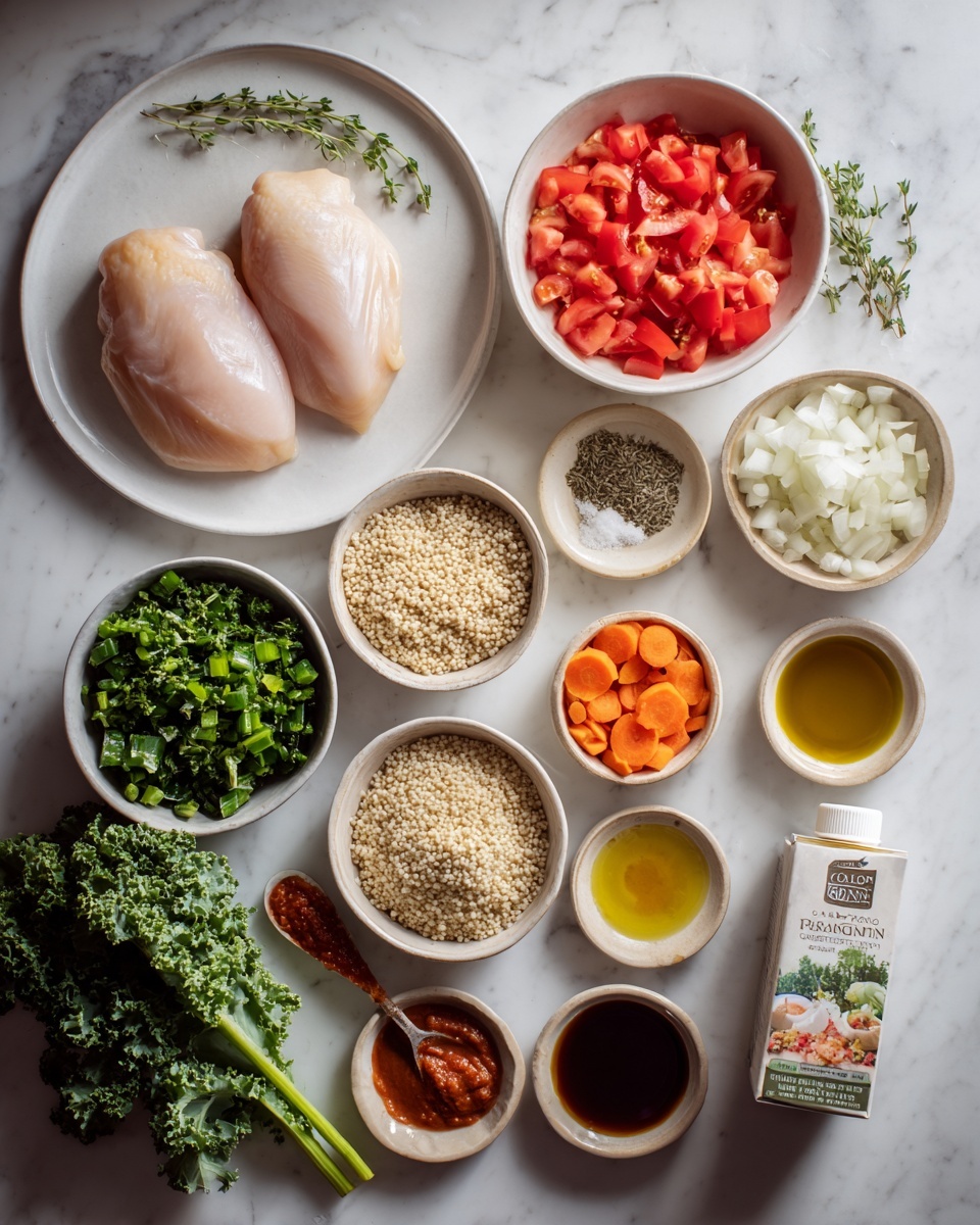 The image shows a top-down view of various fresh ingredients neatly arranged on a white marbled surface. At the center-left, two smooth, pale pieces of raw chicken lie on a white plate. Surrounding this are bowls and small dishes holding bright green chopped celery, vibrant green curly kale leaves, orange carrot slices, finely chopped white onions, and diced red tomatoes in juice. Additional small beige bowls contain dry white quinoa, finely chopped garlic, and dried thyme. There are also two small dishes with golden liquid, one likely oil and the other a dark brown sauce, alongside a small spoon with a reddish paste on its tip. A carton of Pacific Foods Organic Chicken Broth stands upright at the bottom right. The arrangement is clean and well-lit, capturing the fresh colors and textures of the ingredients. photo taken with an iphone --ar 4:5 --v 7
