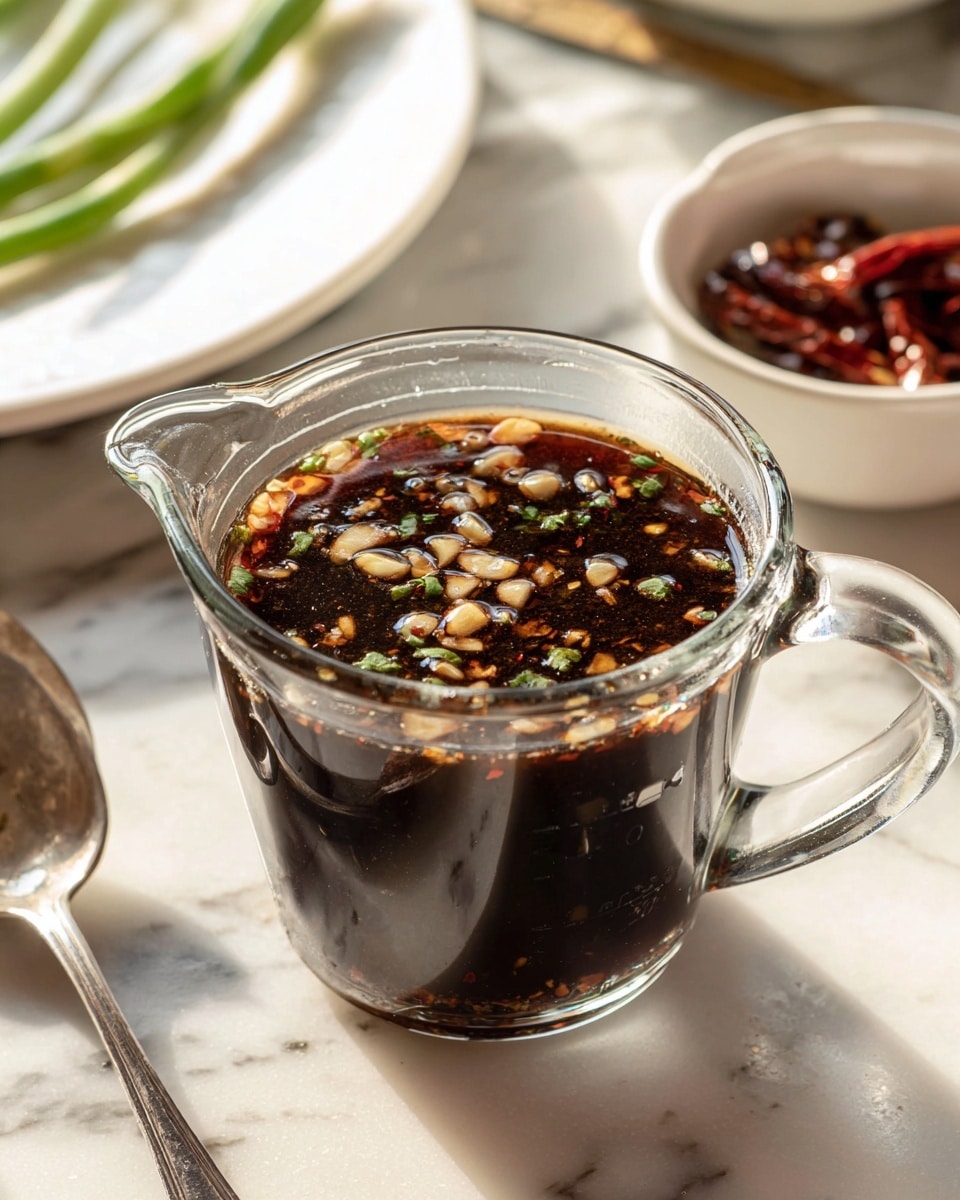 A clear glass measuring cup filled with a dark brown sauce with finely chopped light brown garlic pieces floating on top. The cup has a handle and is placed on a white marbled surface. In the background, there is a white bowl with some dried red chili flakes and green herb stalks. In the foreground on the left side, there is a white plate with a metallic spoon resting on it, casting a shadow. The lighting is warm and bright, creating clear highlights and shadows. Photo taken with an iphone --ar 4:5 --v 7
