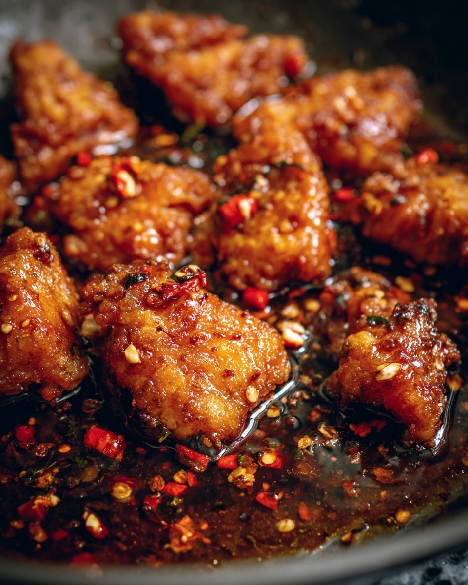 The image shows pieces of light brown fried chicken placed on a pan with dark reddish-brown sauce scattered around and on top of them. The chicken pieces are irregular in shape and texture, with some crispy parts slightly golden. The sauce includes visible bits of finely chopped garlic and red chili flakes, giving a textured, slightly wet look that contrasts with the dry, crispy chicken pieces. The scene is close-up, highlighting the detail and the shiny glaze of the sauce on the chicken. The background is a white marbled texture photo taken with an iphone --ar 4:5 --v 7