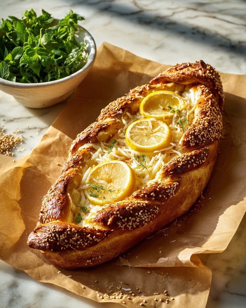 The image shows a boat-shaped bread with a thick, twisted crust covered in sesame seeds, forming the outer edge. Inside, the bread is topped with a layer of grated cheese that looks soft and finely shredded. Spread across the cheese are thin slices of lemon that add a bright yellow contrast to the creamy color of the cheese. The bread rests on brown parchment paper, with some sesame seeds scattered around, and to the left side, there is a white bowl with fresh green herbs inside, all placed on a white marbled surface. The warm light highlights the textures and colors clearly. photo taken with an iphone --ar 4:5 --v 7