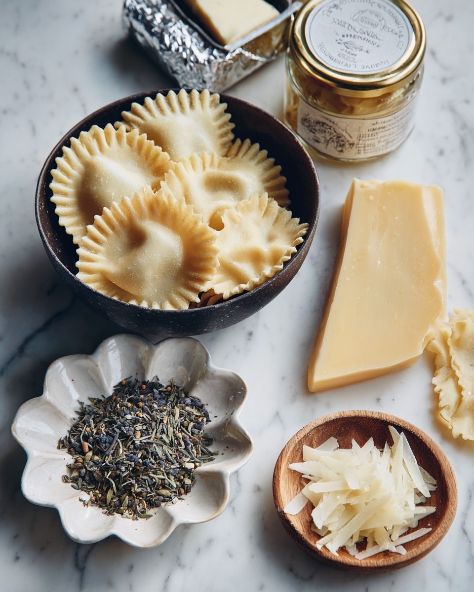 The image shows several raw lasagna pasta pieces with ruffled edges in a dark bowl on a white marbled surface, with a few pasta pieces scattered beside the bowl. Next to it, there is a white flower-shaped plate holding a mix of green and brown dried herbs, a small wooden bowl filled with thin slices of pale cheese, and a wedge of yellow cheese placed on another white flower-shaped plate. In the background, a jar with a label and a foil-wrapped block of butter are visible but slightly out of focus. Photo taken with an iphone --ar 4:5 --v 7