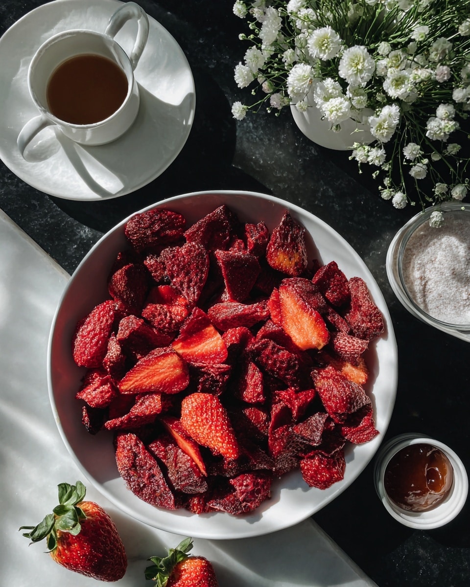A white bowl filled with many pieces of dried red strawberries, each piece showing a rough, dry texture and various shapes and sizes, sits on a dark surface. Around the bowl, there are a few fresh strawberries with green tops and a small white cup with a brown jam visible inside. In the background, there is a white cup with a handle filled with a light powdery substance and a white cup and saucer holding small white flowers with green stems, all set against a white marbled background. The scene is bright with natural light casting clear shadows. photo taken with an iphone --ar 4:5 --v 7