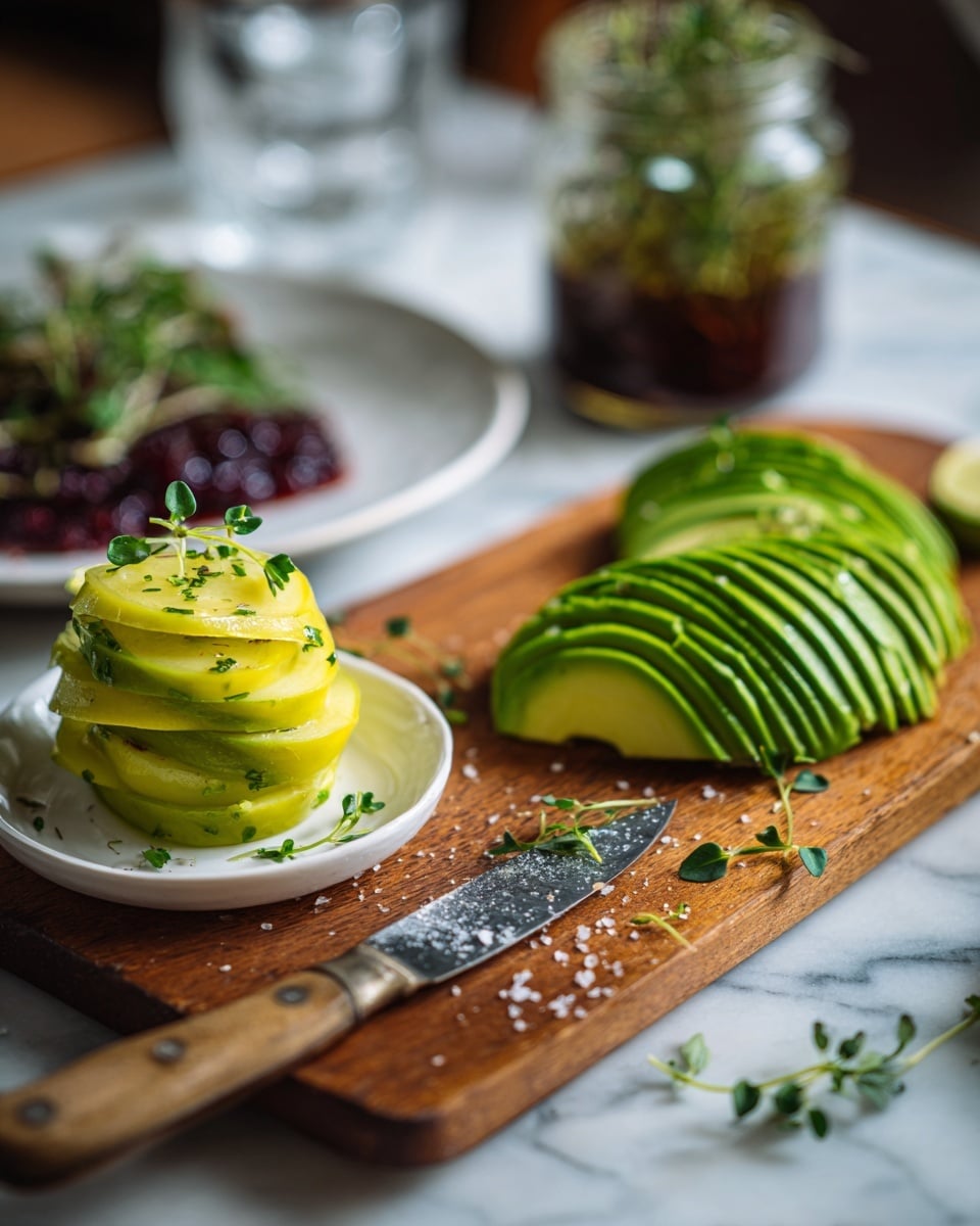The image shows a wooden board with thin slices of green avocado stacked in two small piles on the right side, sprinkled with tiny fresh green leaves. In the front left, there is a small white plate holding three thick yellow-green pickle slices stacked on top of each other, also garnished with small green leaves. A knife with a wooden handle and a slightly rusty blade lays nearby, with tiny green leaves and coarse salt on the blade. The background has a blurry white plate with dark red chunky sauce and some greens, and a glass jar filled with a dark liquid and herbs. The surface beneath everything is a white marbled texture. photo taken with an iphone --ar 4:5 --v 7