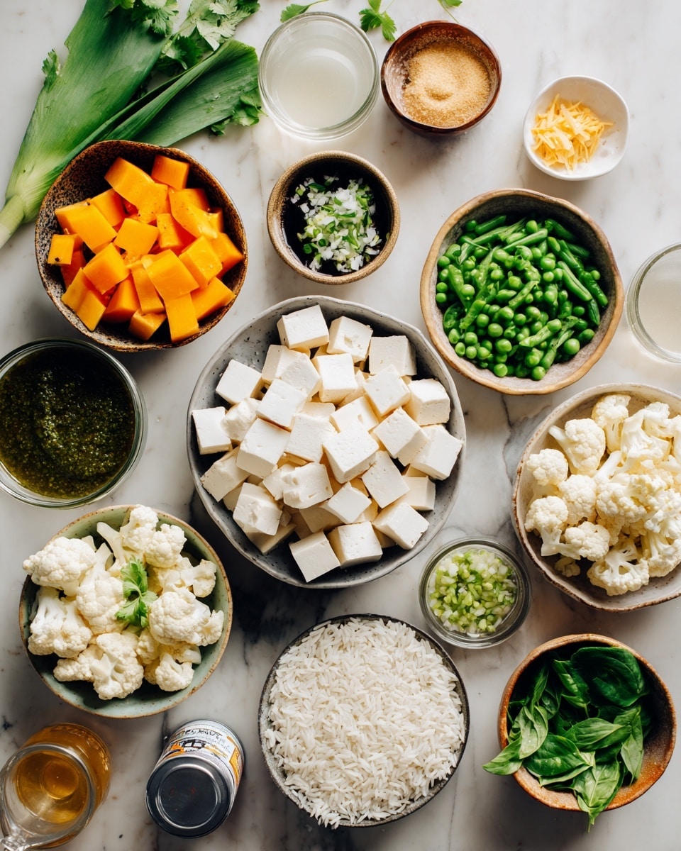 A bowl filled with a layer of white rice at the bottom, topped with chunks of light beige tofu scattered throughout. On top and mixed in are pieces of bright orange sweet potato, small white cauliflower florets, and vibrant dark green kale leaves. Two long, green pea pods rest prominently on top. The dish is lightly sauced with a pale greenish sauce pooled on one side. The bowl is white and sits on a white marbled surface. Photo taken with an iphone --ar 4:5 --v 7