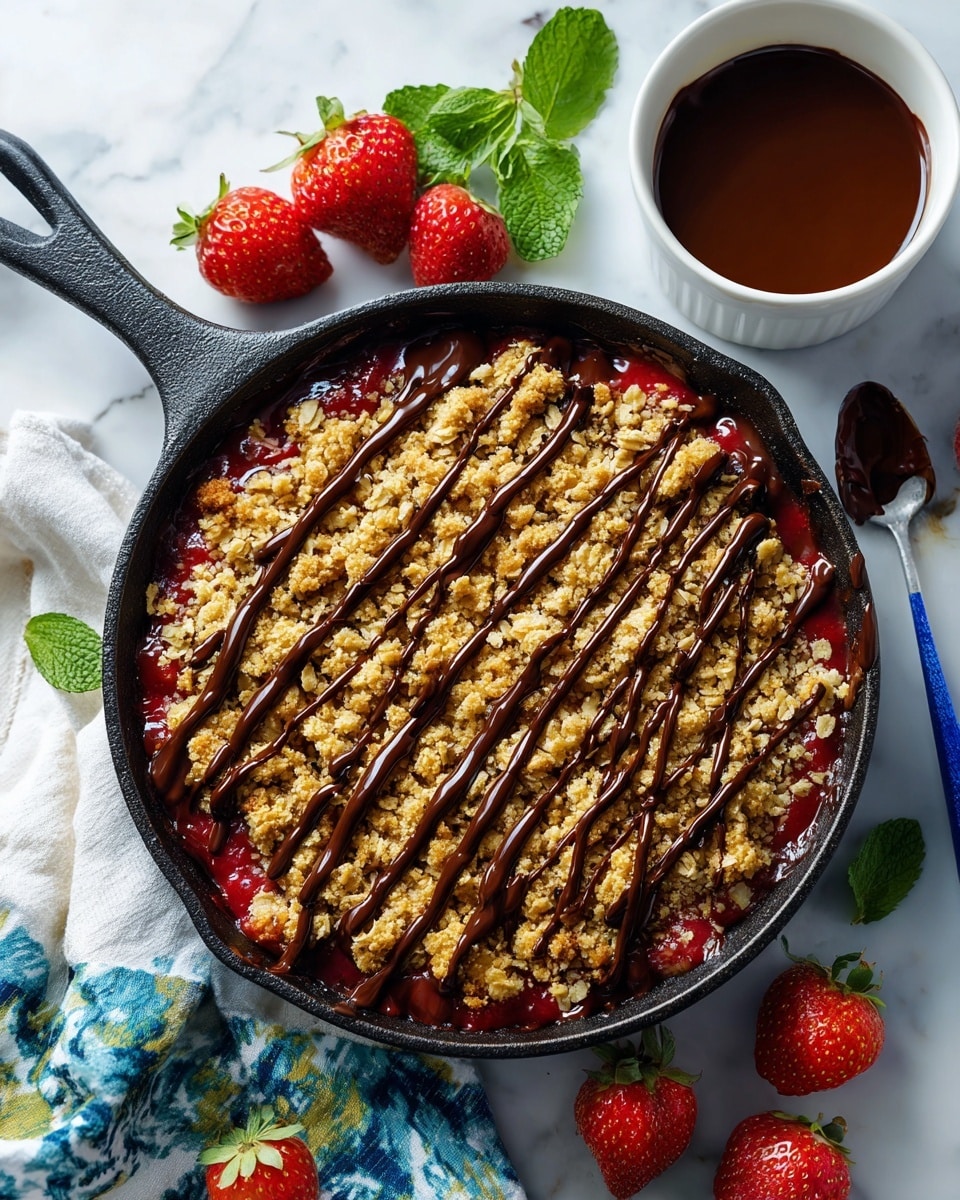 A cast iron pan filled with a layered dessert featuring a bottom layer of bright red strawberry filling, topped with a thick golden oat crumble sprinkled evenly across the surface, and drizzled generously with rich, glossy dark chocolate sauce in diagonal streaks. The pan sits on a white marbled surface with fresh green strawberry leaves and whole strawberries beside it, and a white bowl with chocolate sauce and a blue spoon at the bottom edge. A white cloth with blue and green patterns is partially visible under the pan. photo taken with an iphone --ar 4:5 --v 7