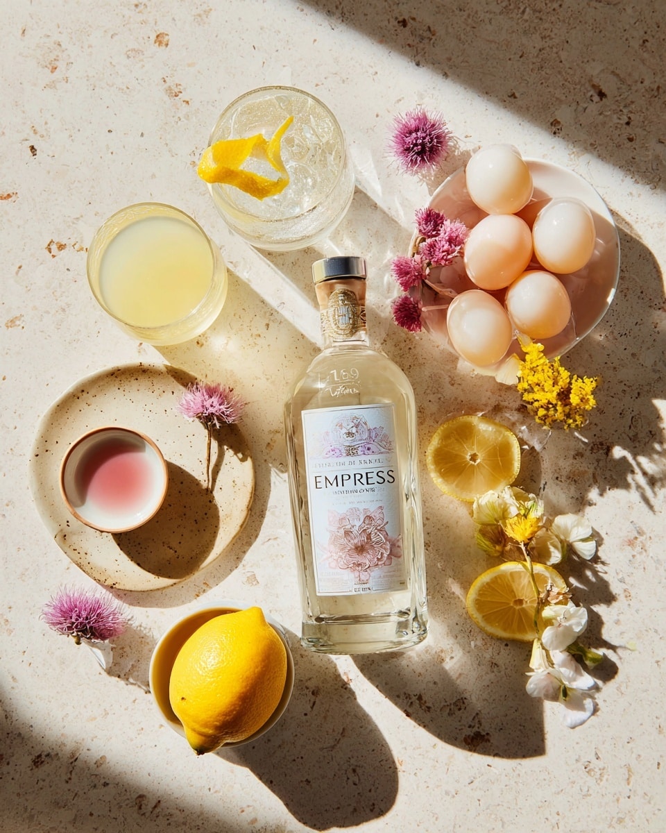 The image shows two clear glasses with a three-layer drink placed on a white plate. The bottom layer is a soft pink color, the middle layer is a light purple, and the top is crushed ice with a deeper purple shade. Each drink is garnished with a slice of lemon on the rim, two pale lychee fruits on a small skewer resting across the glass, and an edible purple and white flower attached beside the lychees. Around the plate and on the white marbled surface, there are scattered dry flower petals, lemon slices, and lychees. In the background, there is a large bottle with a dark purple label, a small jar filled with dried flowers, a bowl of lychees, and a copper spoon with text on it. The whole setting is bright with soft natural light. photo taken with an iphone --ar 4:5 --v 7
