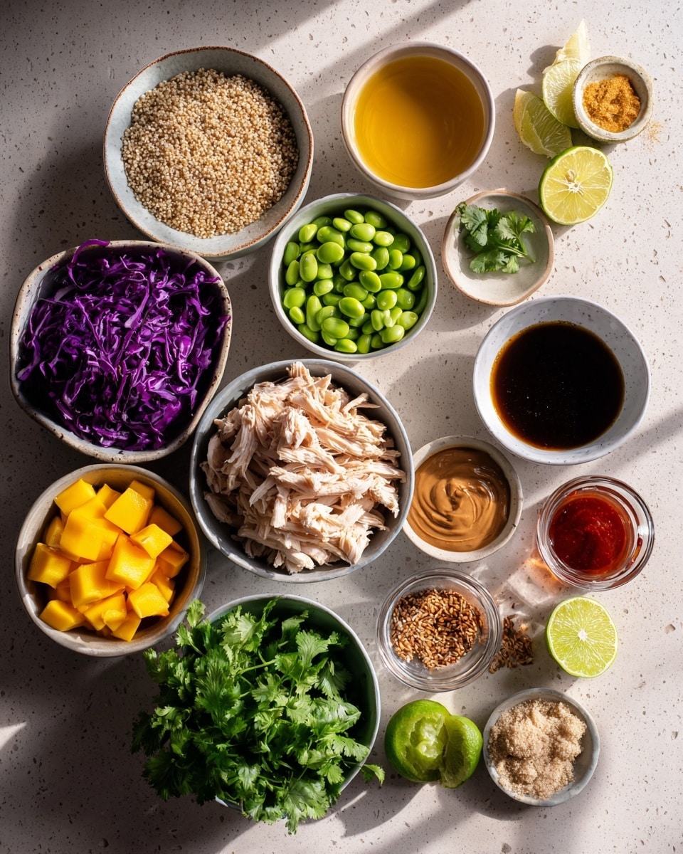 Two white bowls rest on a teal cloth over a wooden board with a white marbled texture background. Each bowl has a base layer of light yellow quinoa, topped with bright yellow diced mango on one side, vibrant green edamame beans next to it, and a pile of shredded purple cabbage on the other side. On top of the quinoa and vegetables, there are pieces of white shredded chicken spread around the middle, drizzled with an orange sauce and sprinkled with small green cilantro leaves. To the right, a small wooden bowl holds more of the orange sauce with a spoon inside. Photo taken with an iphone --ar 4:5 --v 7
