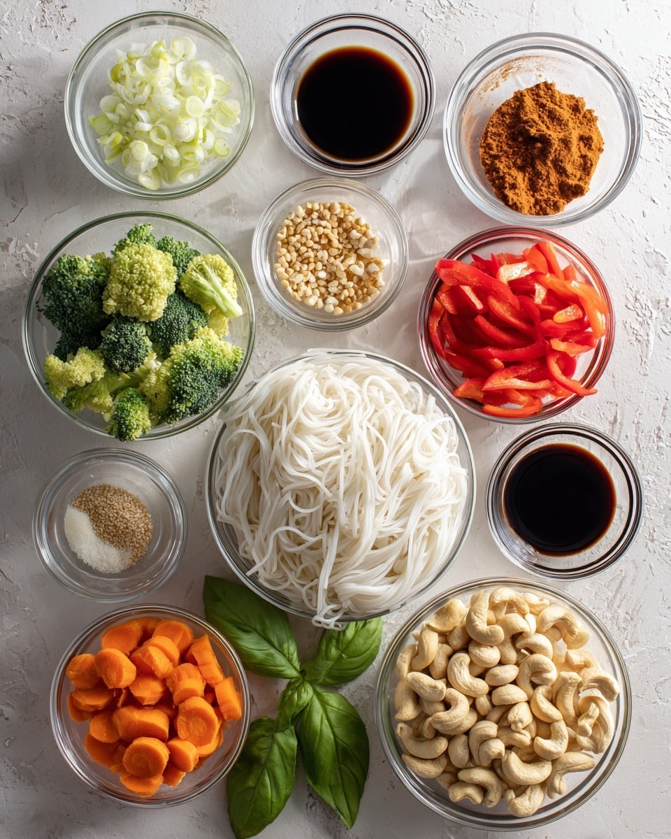A close-up view of a black cast-iron pan filled with three main layers: light tan noodles forming the base, topped with bright green broccoli florets, chopped red bell peppers, chickpeas, and light brown cashew nuts scattered throughout. Fresh green sliced scallions and chopped leafy herbs add another layer on top, with white sesame seeds sprinkled across the dish. A wooden spoon rests inside the pan on the right, and a small white bowl of sesame seeds sits in the white marbled background near the top right corner. The scene is softly lit with a white striped cloth peeking from the bottom left, photo taken with an iphone --ar 4:5 --v 7