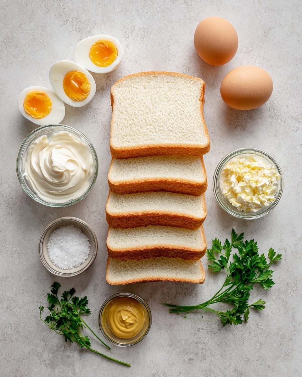The image shows small round sandwiches made with two layers of white bread, shaped into circles. Between the slices, there is a thick layer of yellowish creamy egg salad with visible small pieces of chopped eggs. Each sandwich is secured with a wooden pick standing upright through the center, and a green parsley leaf is placed next to the pick on top of the upper bread layer. The sandwiches are arranged on a white plate with a smooth surface, sitting on a white marbled background. The lighting is soft, highlighting the textures of the bread and egg salad, giving the whole scene a fresh and clean look photo taken with an iphone --ar 4:5 --v 7