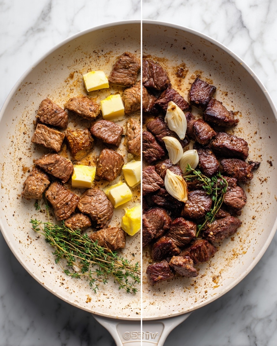 The image shows two side-by-side views of a white frying pan on a white marbled surface, each filled with browned pieces of steak. On the left side, the pan has many golden-brown steak cubes covering most of the pan surface, with small yellow butter blocks, thin white garlic slices, and a few green thyme sprigs placed together on one side. On the right side, the pan contains fewer steak pieces that are darker brown and arranged more spaced apart, with visible browned garlic slices and thyme sprigs scattered among the steak pieces. The pan edges and base have golden to dark brown seasoning spots. Photo taken with an iphone --ar 4:5 --v 7