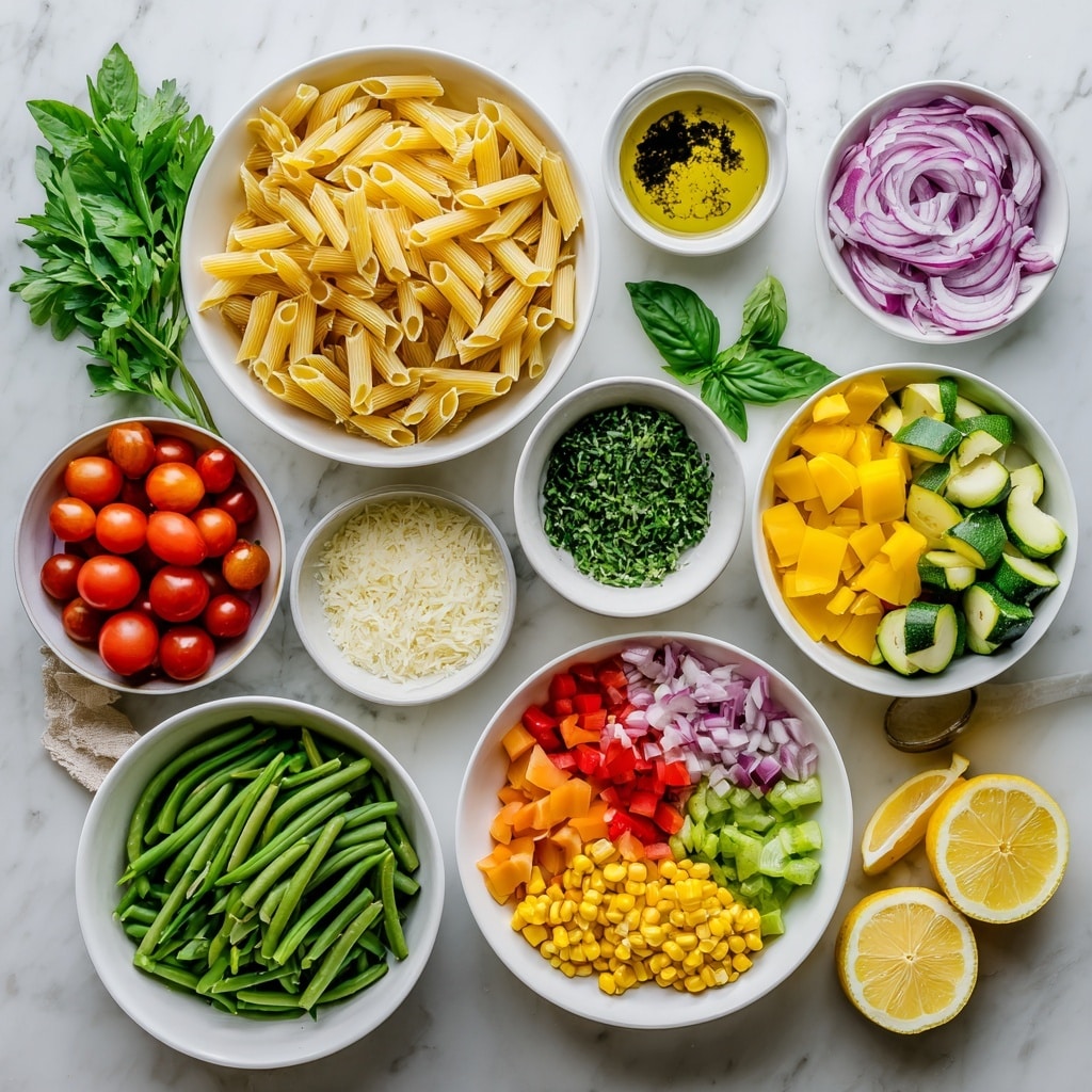 This dish is a colorful pasta salad shown in a deep round metal bowl. The base layer is penne pasta in light beige, scattered evenly throughout. Mixed within the pasta are chopped vegetables: bright green asparagus pieces, red bell pepper chunks, yellow bell pepper cubes, halved red cherry tomatoes, green peas, and yellow corn kernels. Shredded white cheese is lightly sprinkled on top, adding a delicate texture. Small bits of fresh green herbs are scattered among the ingredients, enhancing the visual freshness. The whole presentation is vibrant and mixed naturally, sitting on a white marbled surface. Photo taken with an iphone --ar 4:5 --v 7