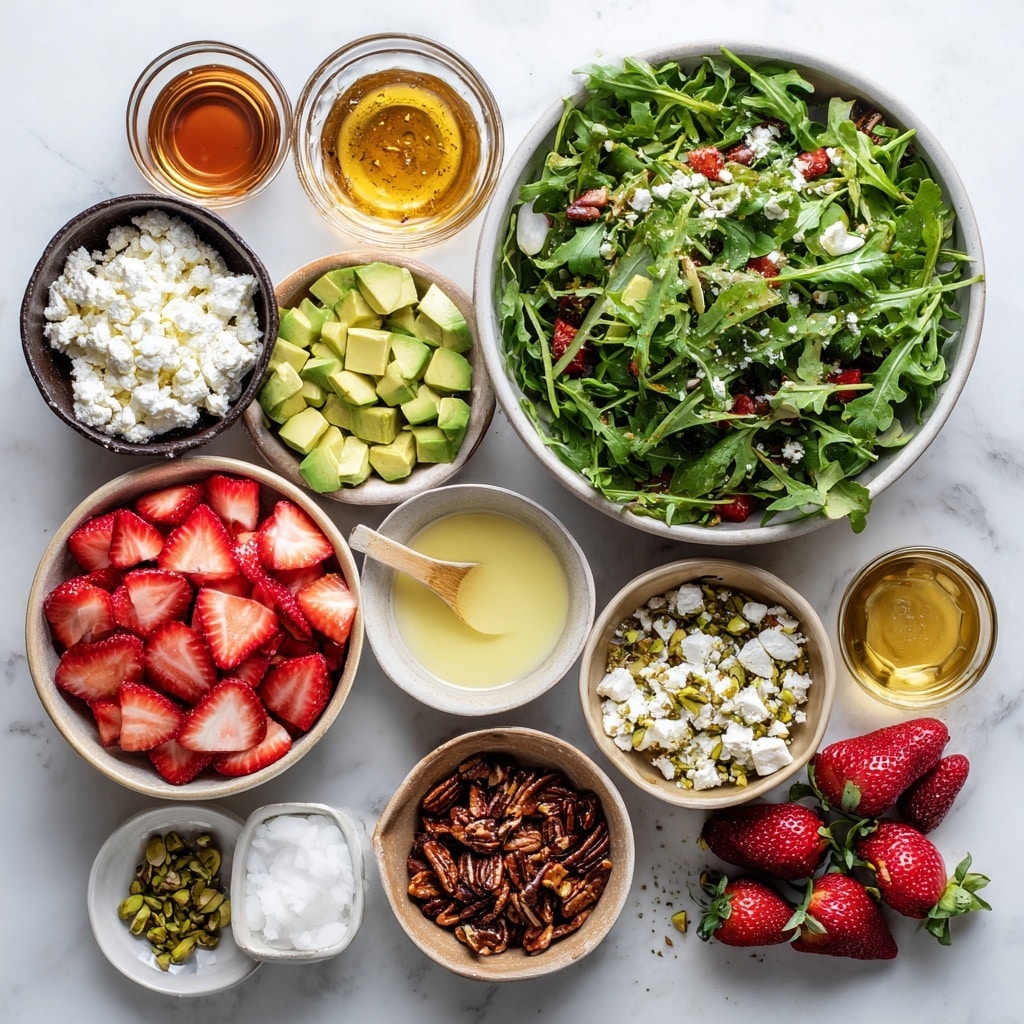 The image shows a white bowl filled with a colorful salad arranged in sections. In the bowl, there is a base layer of green leafy arugula covering the bottom. On top of this, on the left side, there is a half avocado with grid-like cuts, showing its light green smooth texture. Next to the avocado, there are clusters of toasted brown almond slivers with a crunchy look. To the right of the almonds, bright red, sliced strawberries form a vibrant pile. Below the strawberries, there are small chopped green pistachio pieces scattered over the greens. Near the bottom left, there is a layer of white crumbly cheese. The bowl is placed on a white marbled surface. Photo taken with an iphone --ar 4:5 --v 7