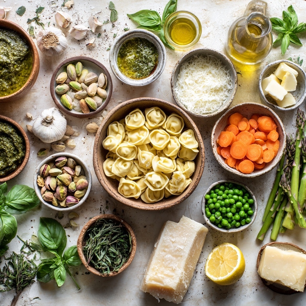 A white bowl holds a clear broth soup filled with creamy white tortellini pasta, bright green peas, small chopped green asparagus, and sliced orange carrots. On top, dollops of thick green pesto sauce are spread unevenly. The soup is lightly sprinkled with crushed black pepper. A golden spoon rests inside the bowl, holding some pesto sauce and a carrot slice. The bowl sits on a white marbled surface, with a glass bowl of extra pesto sauce visible at the top right. A white cloth napkin is partially visible at the bottom right corner. Photo taken with an iphone --ar 4:5 --v 7