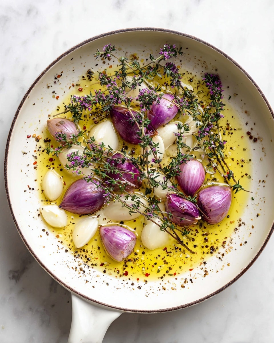 A white pan holds a layer of golden olive oil scattered with black pepper flakes, covering the bottom. On top, there are several purple shallots, some whole and some halved, along with peeled garlic cloves that are creamy white. Bright green sprigs of fresh thyme with small purple flowers rest across the oil and vegetables, adding a pop of color and texture. The edges of the pan are slightly visible with a thin dark rim, all set on a white marbled surface. photo taken with an iphone --ar 4:5 --v 7