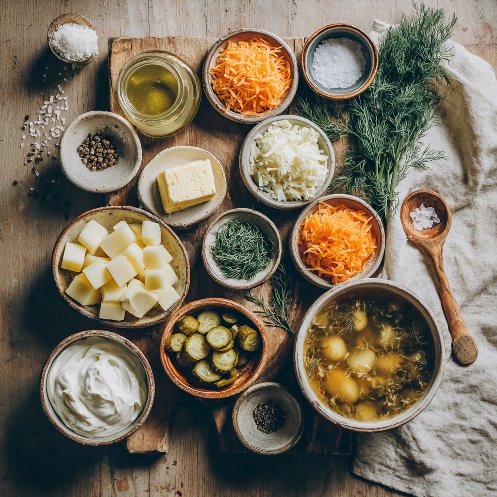 A close-up of a white bowl filled with creamy soup that has a light yellow color with visible small oil droplets on the surface. The soup contains thin slices of greenish cucumber, small pieces of orange carrot, and some white chunks that may be potatoes or eggs. Fresh green dill pieces are scattered inside the soup, adding texture and color contrast. A silver spoon lifts some soup, showing the ingredients clearly in the spoon scoop. The bowl is placed on a white marbled texture background. photo taken with an iphone --ar 4:5 --v 7