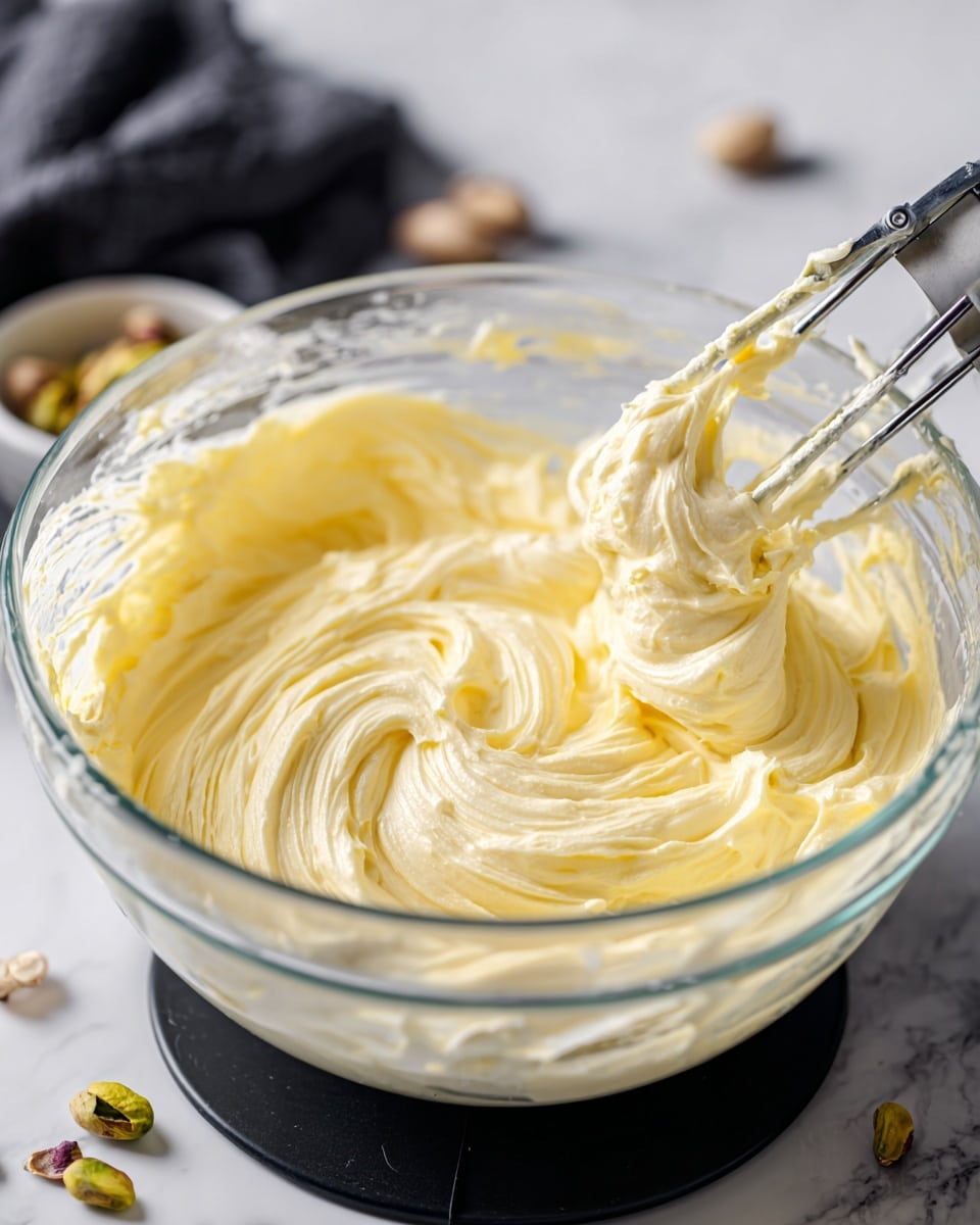 A clear glass mixing bowl filled with smooth, creamy pale yellow buttercream frosting. The frosting has a soft, fluffy texture with swirled peaks around the bowl. A metal beaters attachment, coated in the frosting, is partially lifted out of the bowl, showing the thick consistency of the mixture. The bowl is set on a black base against a white marbled surface with some dark cloth and pistachio nuts blurred in the background. photo taken with an iphone --ar 4:5 --v 7