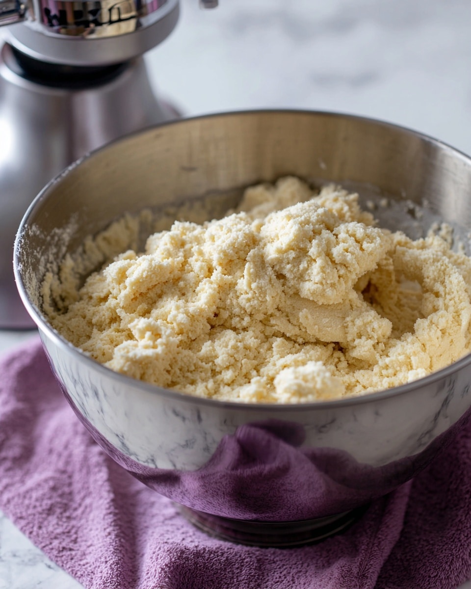 A large silver mixing bowl filled with light yellow dough with a crumbly texture, sitting on a soft purple cloth on a white marbled surface. Part of a silver stand mixer is visible on the left side, slightly out of focus. The dough looks thick and uneven, with some small chunks stuck to the bowl's sides. Photo taken with an iphone --ar 4:5 --v 7