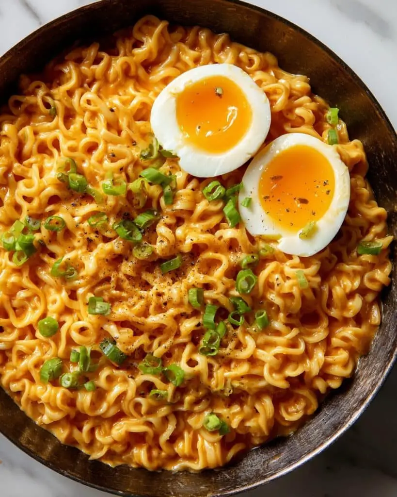 Creamy Buldak Noodles with Garlic, Mozzarella, and Spring Onions Recipe