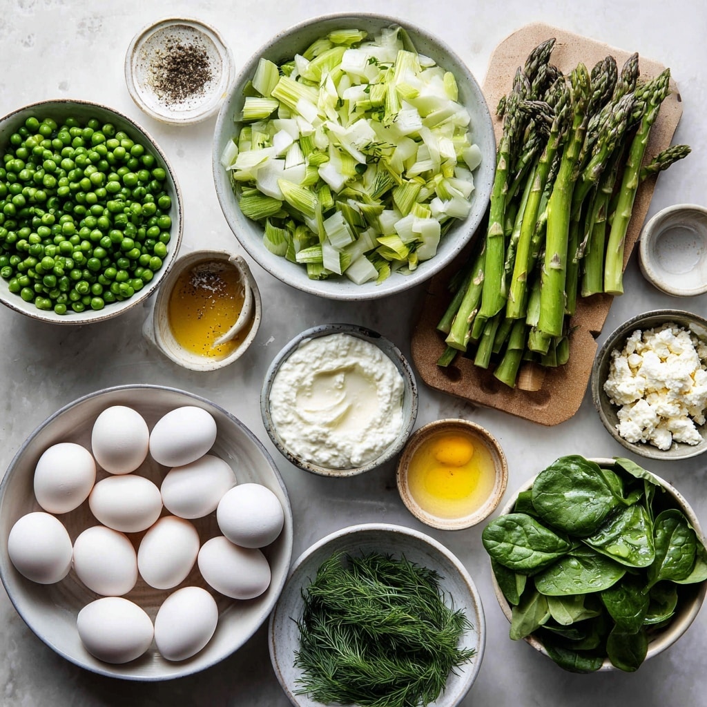 The image shows two black cast iron pans with white handles on a white marbled surface. The left pan contains layers of fresh green ingredients including bright green peas at the bottom right, chopped light green vegetables and onions near the top right, and fresh dark green spinach leaves piled on the left side. There is a silver slotted spatula resting inside the pan on the right side, partially covered by the vegetables. The right pan displays the same ingredients after cooking, mixed evenly into a uniform green dish with peas, chopped green vegetables, and softened spinach distributed throughout. Both pans have a rustic and fresh look with vibrant green colors. Photo taken with an iphone --ar 4:5 --v 7