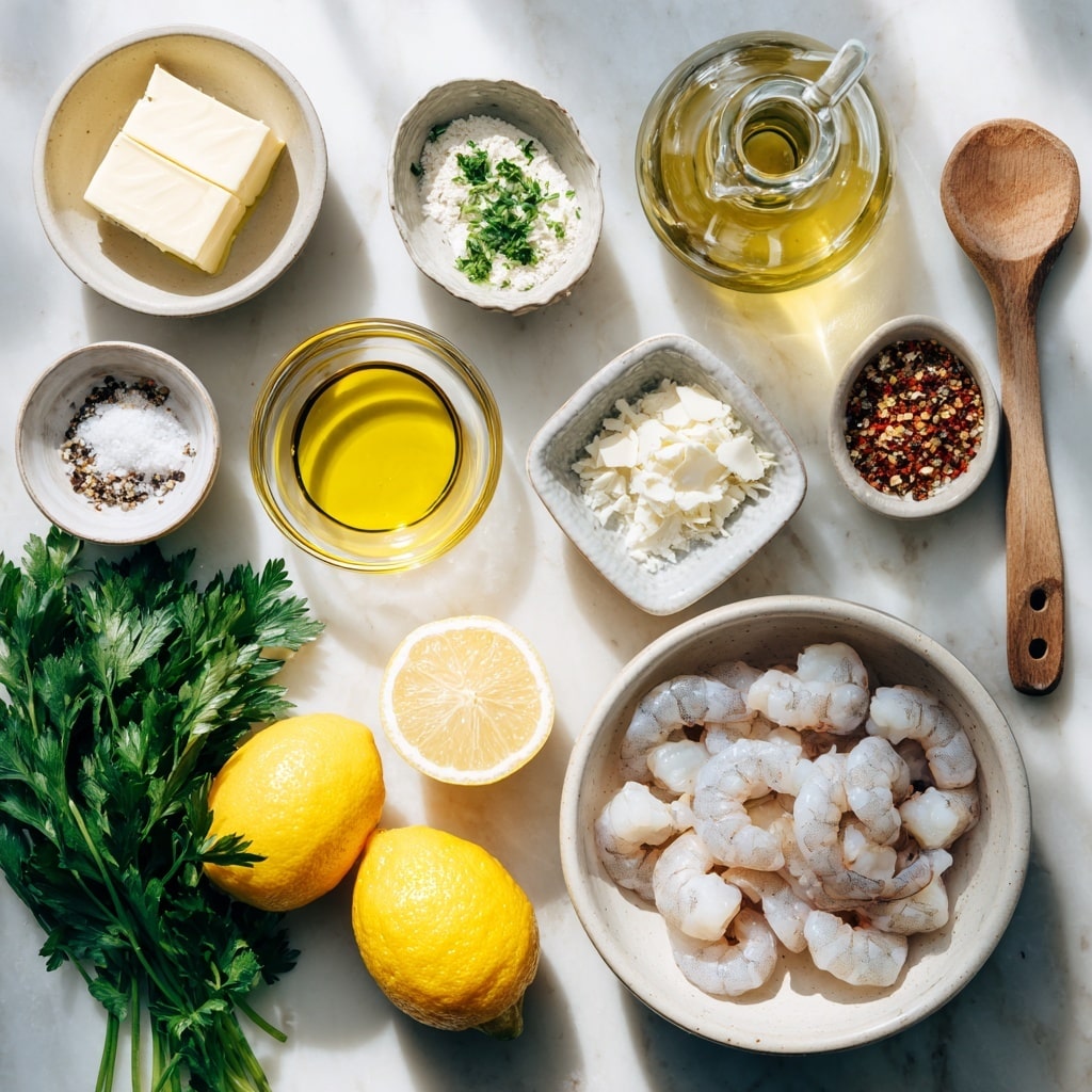 A metal pan sits on a white marbled surface, filled with a layer of yellow melted butter mixed with small red flakes, likely chili flakes. On top of the butter, there is a single layer of raw shrimp with grey and white shells and dark tails, arranged loosely covering the pan’s bottom. The shrimp have a shiny, wet texture and are spaced apart so you can see the butter underneath. The pan is shiny silver with a long handle extending out to the right. Photo taken with an iphone --ar 4:5 --v 7
