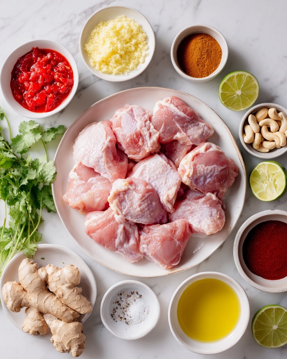 A white plate in the center holds a neat layer of raw, pink chicken thighs arranged in a circle. Around the plate, small white bowls and dishes are placed on a white marbled surface, each holding different ingredients: bright red diced tomatoes in sauce; light yellow chopped onions; creamy white coconut milk; vibrant red chili powder; ruby red tomato paste; golden-brown brown sugar; raw cashew nuts; three beige garlic cloves; a small dish of salt and pepper; fresh green cilantro sprigs; two halves of a green lime; fresh ginger root; and a small bowl of pale yellow oil. The scene is brightly lit and clean, an organized display of ingredients ready for cooking. Photo taken with an iphone --ar 4:5 --v 7