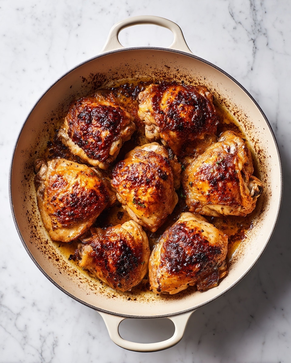 A white pan with two handles holds six cooked chicken pieces arranged in a loose circle. The chicken pieces have a golden-brown color with a slightly shiny texture, indicating they are well-cooked and slightly caramelized. The inside of the pan shows dark brown browned bits and oil stains, giving a contrast to the lighter pan surface. The whole scene is set on a white marbled textured surface. photo taken with an iphone --ar 4:5 --v 7