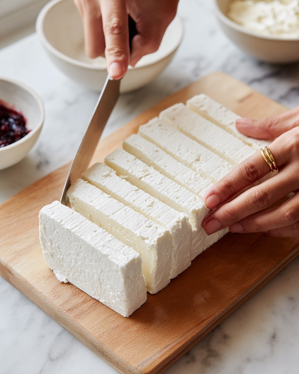 A close-up view of a white block of soft cheese being sliced with a large knife on a light wooden cutting board. The cheese shows clear cutting lines, dividing it into small rectangular pieces. A woman's hand, wearing a plain gold ring on the ring finger, gently holds the cheese block steady near the bottom, while the knife presses through the middle. Parts of two white bowls are visible at the top corners, one holding dark red contents and the other with a creamy white mixture. The setting is on a white marbled surface. photo taken with an iphone --ar 4:5 --v 7
