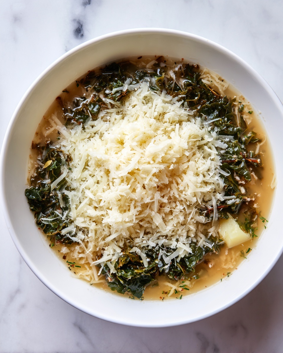 Nourishing One-Pot Broccoli Kale Soup Recipe 5 The image shows a white bowl filled with a soup-like mixture. The bottom layer is a light brown broth with some herbs floating in it. On top of the broth are dark green, leafy kale pieces spread around the edges and partially submerged. In the center, there is a thick pile of finely grated white cheese, covering some of the kale and broth. A chunk of light yellow potato is visible under the broth near the bottom of the bowl. The white bowl is sitting on a stove with a white marbled surface visible around it. Photo taken with an iphone --ar 4:5 --v 7