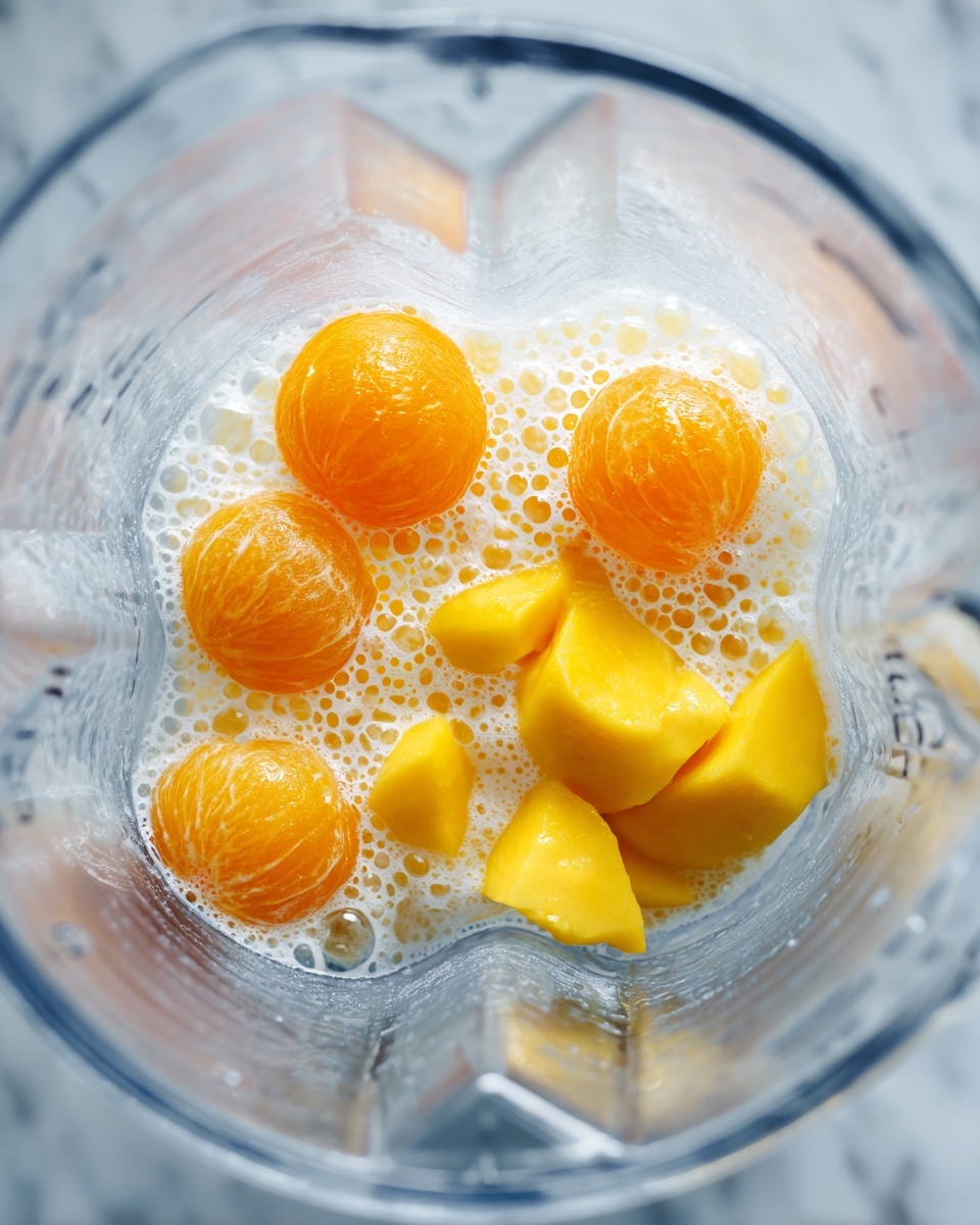 Healthy Mango Orange Smoothie with Yogurt Recipe 5 Inside a clear blender container, there are four small bright orange peeled tangerine segments floating near the top, surrounded by several uneven yellow chunks, likely frozen mango, sitting at the bottom. The fruits are partly covered with a layer of white creamy liquid, creating a foamy texture with small bubbles on the surface, giving the scene a fresh and cool look. The angles and edges of the container are visible, showing measurement markings on the side, all set against a white marbled texture. Photo taken with an iphone --ar 4:5 --v 7