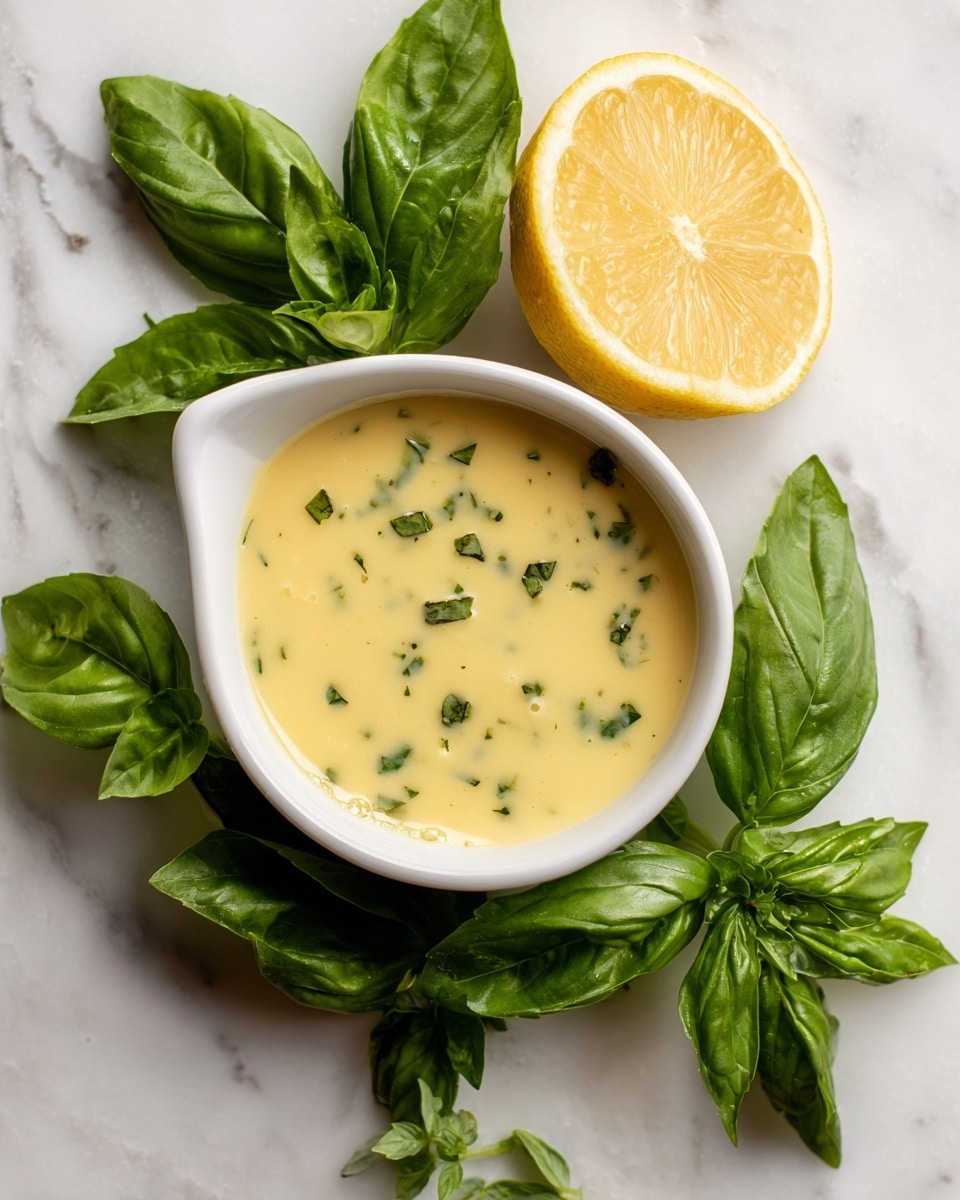 A small white bowl filled with a smooth, light yellow sauce with small green herb pieces mixed in, placed on a white marbled surface. Next to the bowl is a half lemon showing its juicy, pale yellow inside, and several fresh green basil leaves scattered around. The sauce looks creamy with a slightly watery texture. photo taken with an iphone --ar 4:5 --v 7