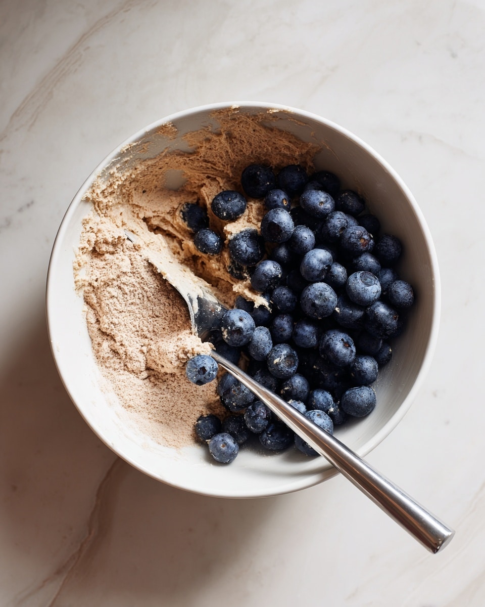 A white bowl holds a mix of thick beige batter with dry light brown powder on one side and a large pile of fresh dark blue blueberries on the other side. A gray spatula with a shiny silver handle rests inside the bowl, partially covered by the batter and powder. The bowl sits on a surface with a white marbled texture. photo taken with an iphone --ar 4:5 --v 7