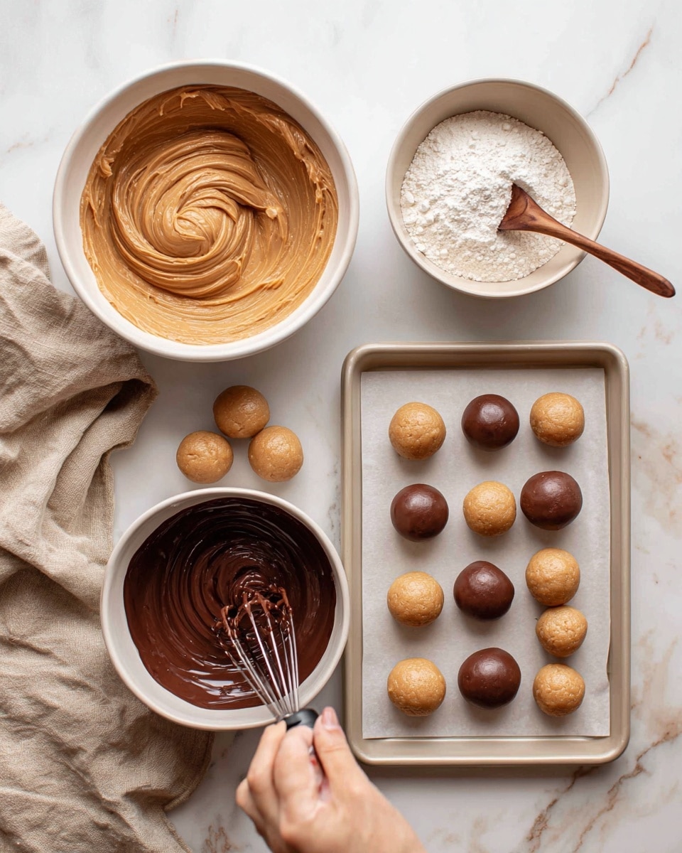 The image shows four steps of making peanut butter balls. In the first step, a white bowl filled with thick, smooth, light brown peanut butter mixture with swirls is being mixed by a hand mixer. The second step shows a woman's hand stirring in white powdered sugar into the peanut butter mixture using a wooden spoon inside the same white bowl. The third step shows round light brown dough balls placed in rows on a white tray lined with parchment paper. In the last step, a woman's hand is dipping the peanut butter balls halfway into a bowl of smooth, shiny dark chocolate, with some dipped balls already placed on the tray. The whole scene is set on a white marbled surface with a soft beige cloth nearby. Photo taken with an iphone --ar 4:5 --v 7