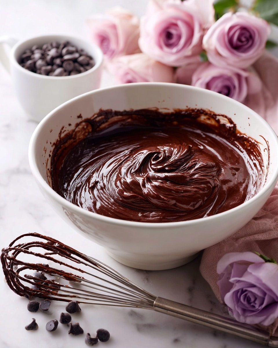 A white mixing bowl filled with thick, glossy dark brown chocolate batter with smooth swirls inside and some batter smeared around the top edge. Next to it, a metal whisk covered in the same chocolate batter rests on a white marbled surface. In the background, a white cup filled with dark chocolate chips and two light purple roses add a soft touch to the scene. photo taken with an iphone --ar 4:5 --v 7