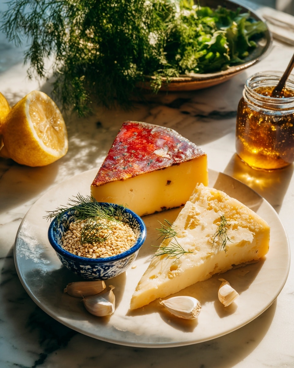 A close-up image of a white plate with two pieces of cheese, one wedge with a shiny red rind on the left and one triangular piece without rind on the right that shows a pale yellow color with a rough texture. In front of the cheese is a small blue and white cup filled with sesame seeds, topped with a few sprigs of dill. Around the plate, there are garlic cloves peeled and whole on a white marbled surface, a halved lemon on the left, and a dark jar with a spoon covered in golden honey to the right. Behind the cheeses is a bowl of fresh green herbs, soft and leafy, sitting on the same white marbled surface. The scene is warm with sunlight casting soft shadows. Photo taken with an iphone --ar 4:5 --v 7