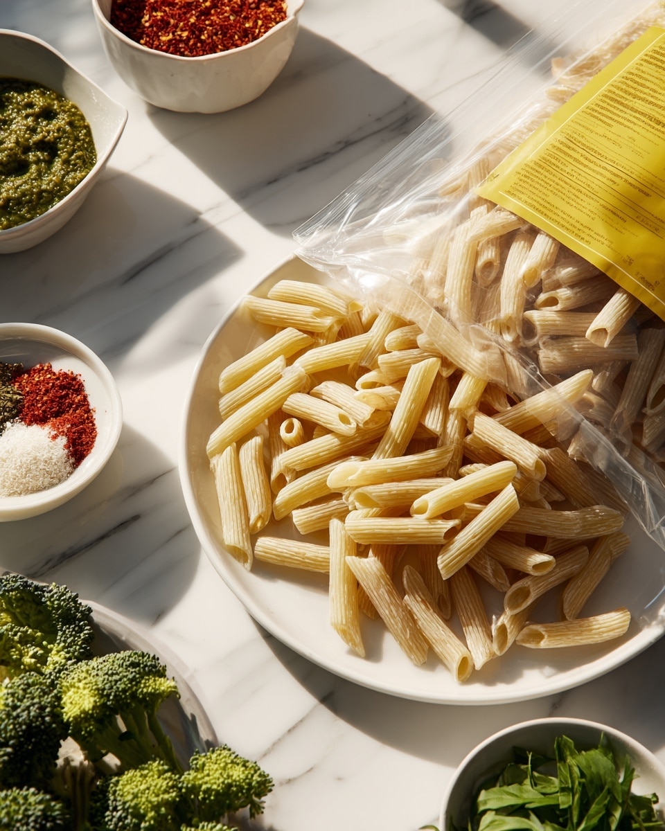 The image shows a close-up view of dry pasta spilling from a clear package with a yellow label onto a white plate. The pasta is light beige, small tubular shapes arranged loosely on the plate. Surrounding the plate are small bowls containing green pesto, bright green broccoli florets, a mix of spices with a red and white powder layer in a small bowl, and some fresh green herbs. The scene is set on a white marbled surface with strong natural light casting shadows on the items. Photo taken with an iphone --ar 4:5 --v 7