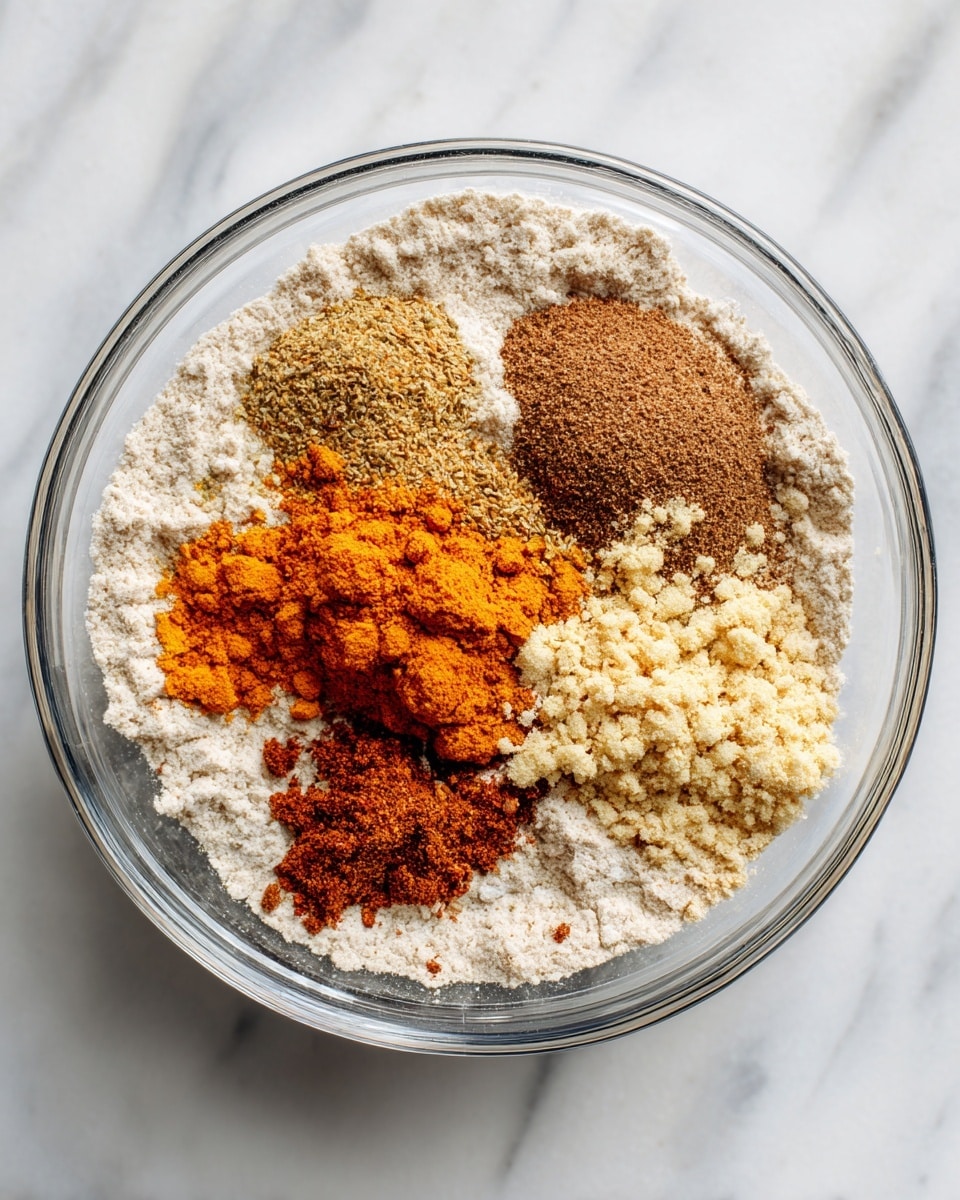 A clear glass bowl is placed on a white marbled surface, filled with several layers of dry spices and powders. The bottom layer is a light beige flour-like powder. On top, there are scattered small piles of various spices: a bright orange powder near the bottom left, a light brown slightly coarse powder near the middle top, darker brown powder on the right side, and some pale yellow and off-white powders forming small clusters throughout. The spices have different textures, some finely milled and some more granular, all evenly spread but not mixed yet. photo taken with an iphone --ar 4:5 --v 7