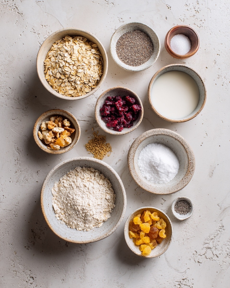 The image shows a stack of nine clear glass jars with dark wooden lids, arranged in a pyramid shape on a white marbled surface. Each jar has three visible layers: a bottom layer of light beige oats, a middle creamy white layer, and a top layer of different dried ingredients. The top layers include bright red freeze-dried berries, small black chia seeds, pale beige almond slices, green pistachio pieces, orange dried apricots, brown nuts, and light tan sugar crystals, each jar having a unique combination of these toppings. The background is dark with dried beige wheat stalks on the right side, and some oats spilled on the white marbled surface in front. Photo taken with an iphone --ar 4:5 --v 7