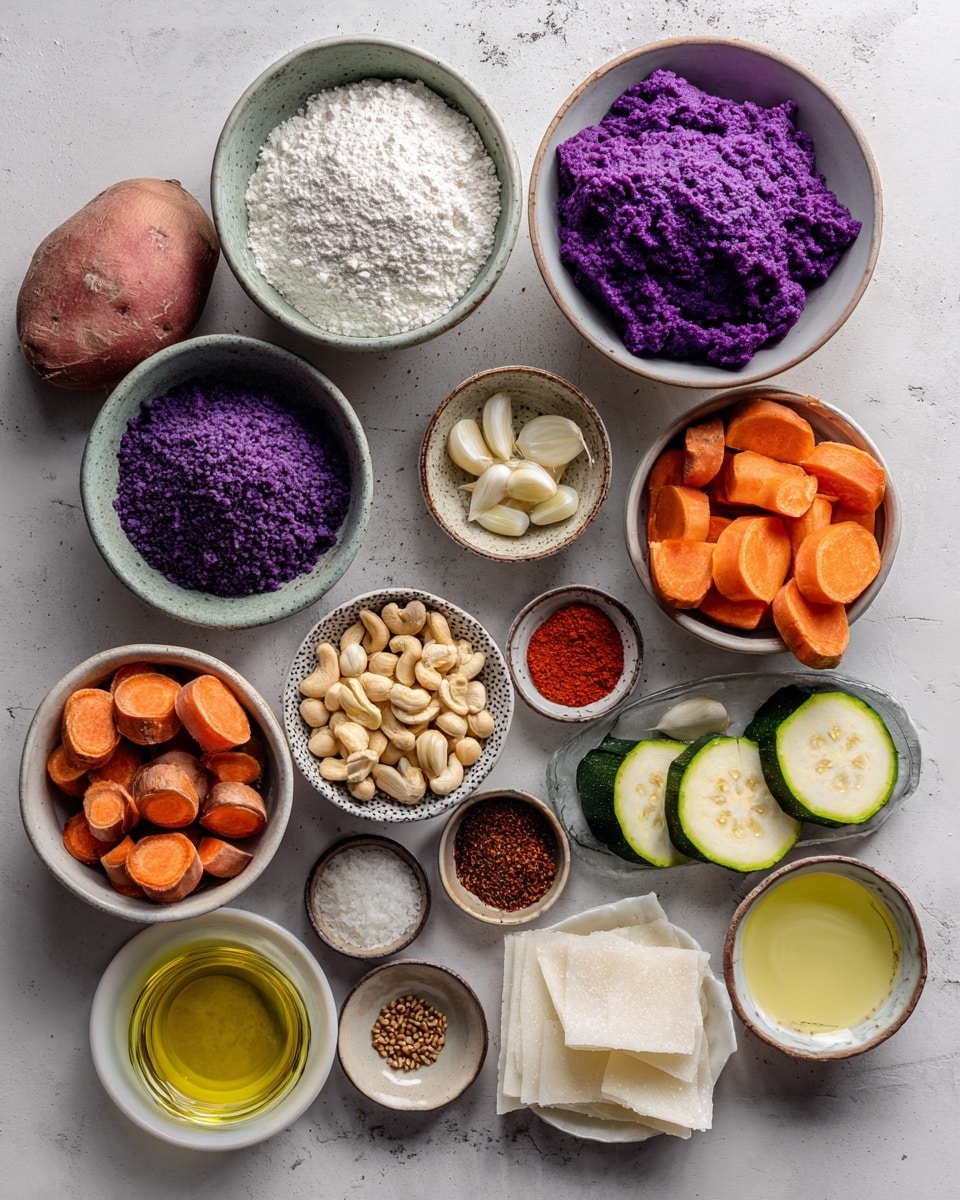 The dish is presented on a dark textured plate placed on a white marbled surface. The base layer features a smooth, thick smear of orange sauce with specks of red seasoning, smeared in a semi-circle on one side. On this sauce, there is a neat arrangement of small, oval purple dumplings stacked in the center forming a slight mound. Adjacent to the dumplings, to the left, lie two thinly sliced grilled zucchini strips with visible char marks. Scattered on and around the dumplings are small, rolled dark green vegetable spirals, light brown chopped nuts, and delicate white edible flowers. Completing the visual texture are two large, translucent, irregular-shaped crisps placed over the mound of dumplings. Photo taken with an iphone --ar 4:5 --v 7